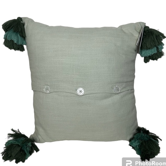 Textured Button Triple Tassel Accent Throw Square Pillow Nordstrom NWT Green - Picture 1 of 2
